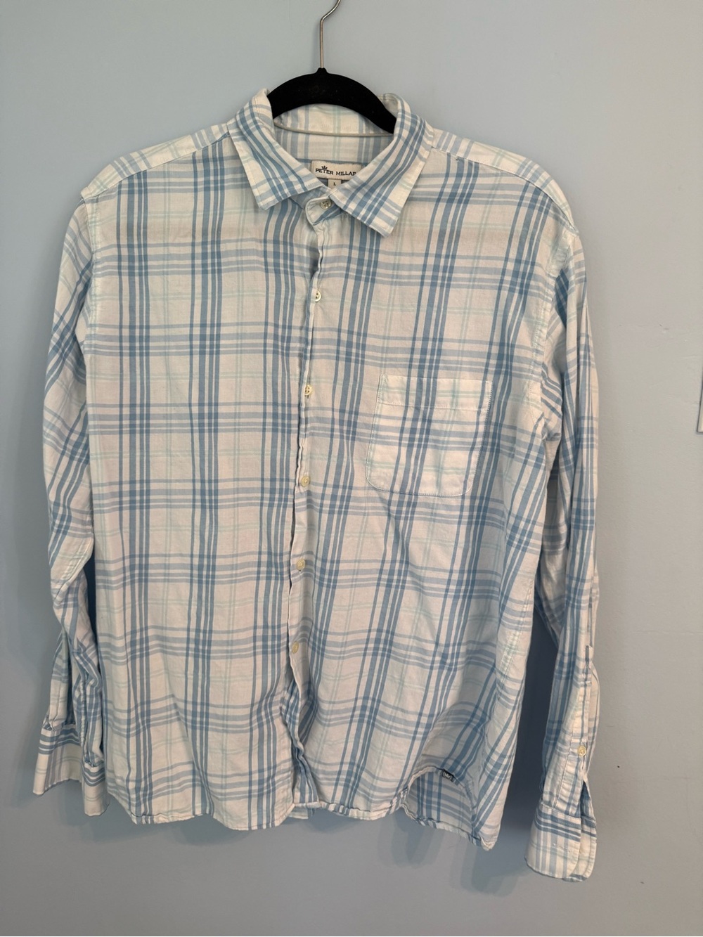 Peter Millar Men's Sz Large Cotton Light Blue Plaid Button-Up Shirt